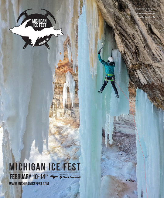 Planned Alpinist advertisement for Michigan Ice Fest 2027 featuring Jackson Marvell at Trout Bay