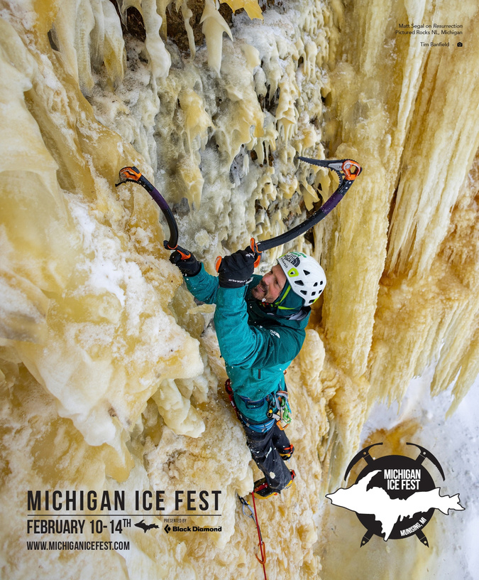 Planned Alpinist advertisement for Michigan Ice Fest 2027 featuring Matt Segal on Resurrection