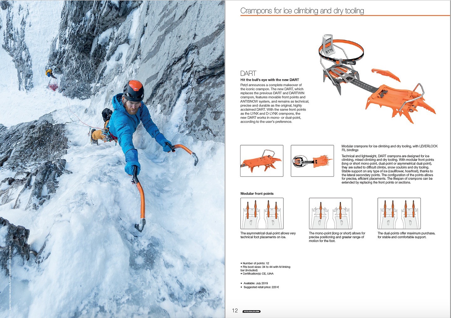Petzl DART catalogue spread pairing an ice climbing action photograph by Tim Banfield with the crampon product page